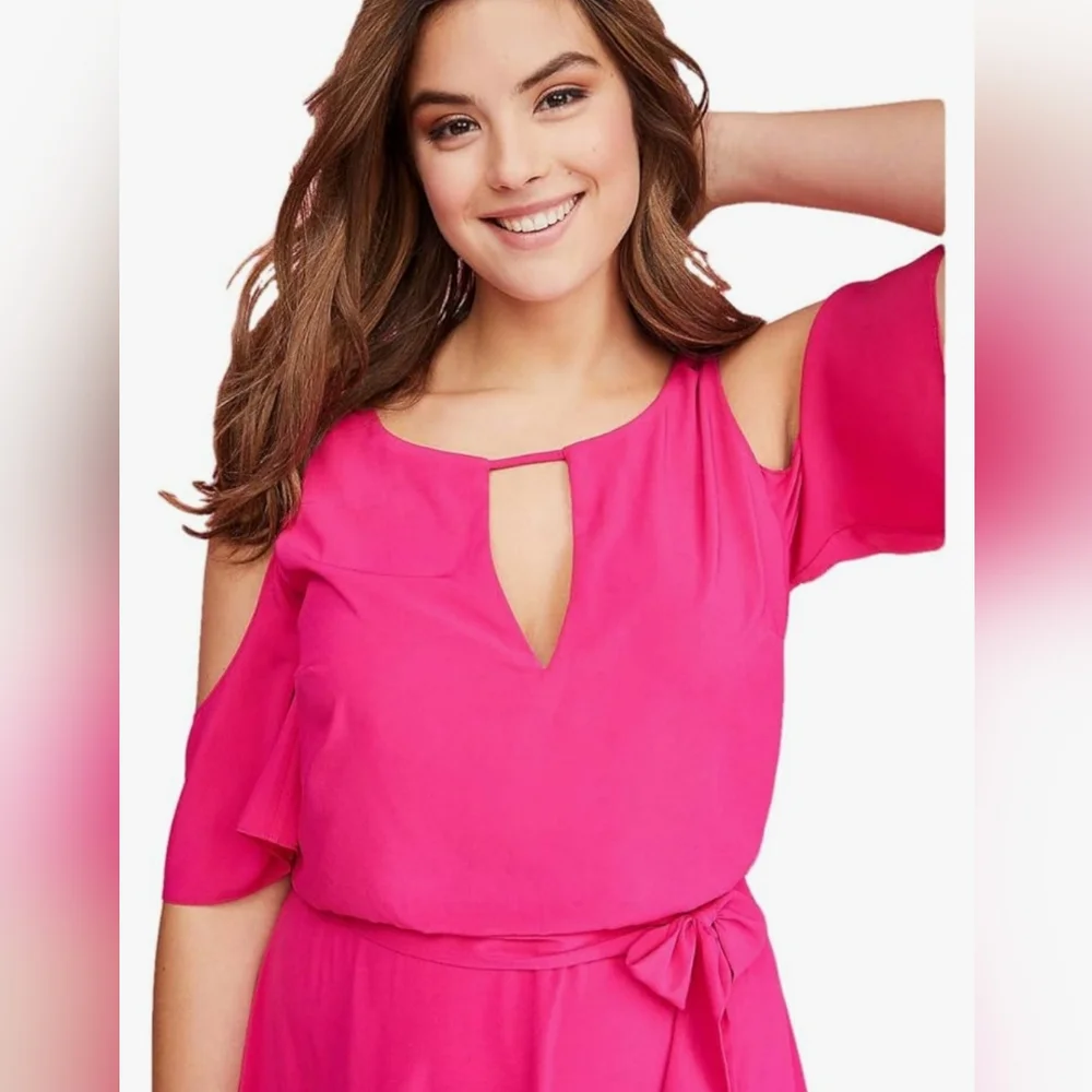 Lane Bryant cold shoulder dress sz 20 pink shark bite hem tie belt NWT - Picture 3 of 15